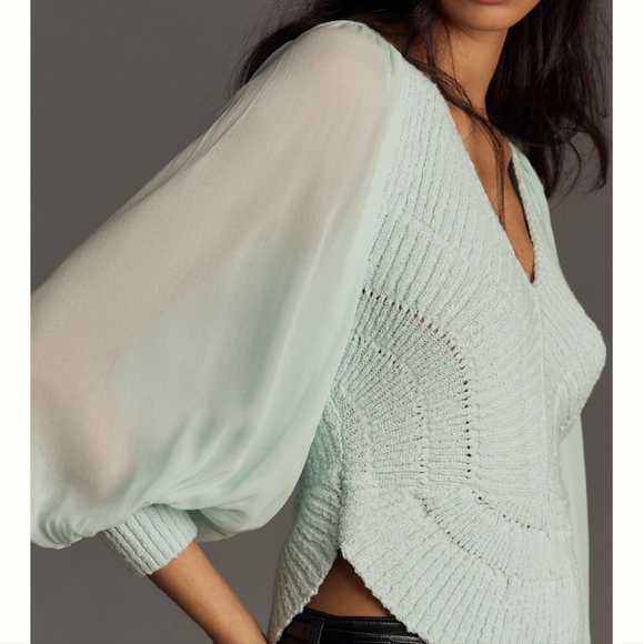 Anthropologie Sweaters - By Anthropologie Sheer Long-Sleeve V-Neck Sweater Fits Like a Small Aqua